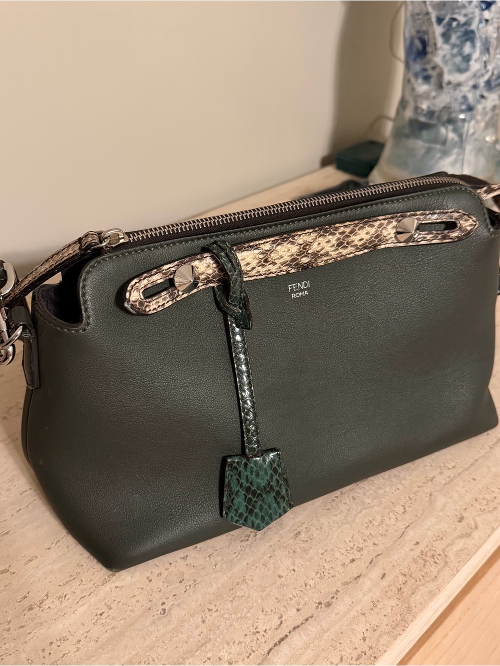 Fendi By The Way Dark Green Leather Shoulder Bag with Python Trim